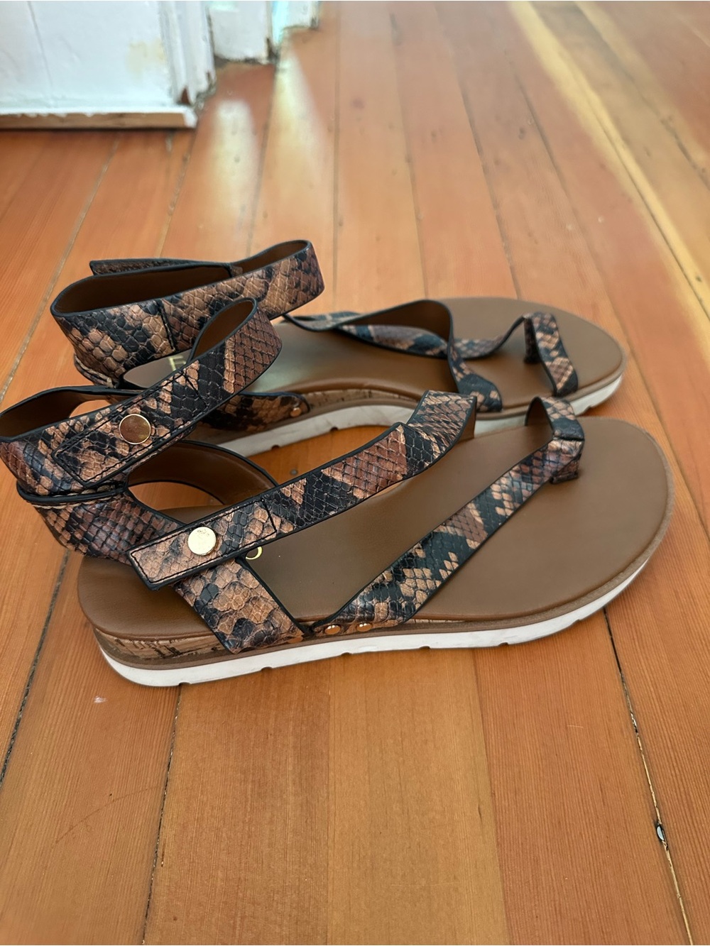 Franco Sarto Brown Snake-Print Ankle Strap Sandals
